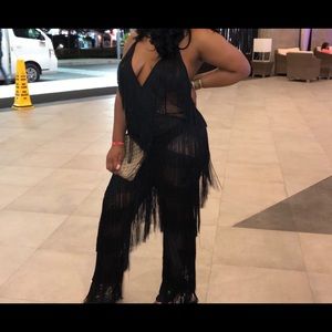 Fringe jumpsuit see through black